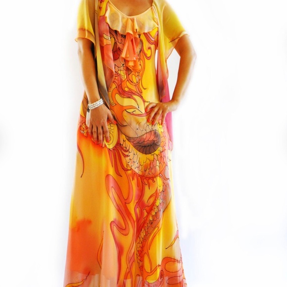 100% Silk hand painted artist made dress . - Picture 5 of 6